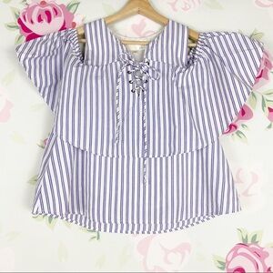 J.O.A. Stripe Cold Shoulder Lace Up Front Summer Top S